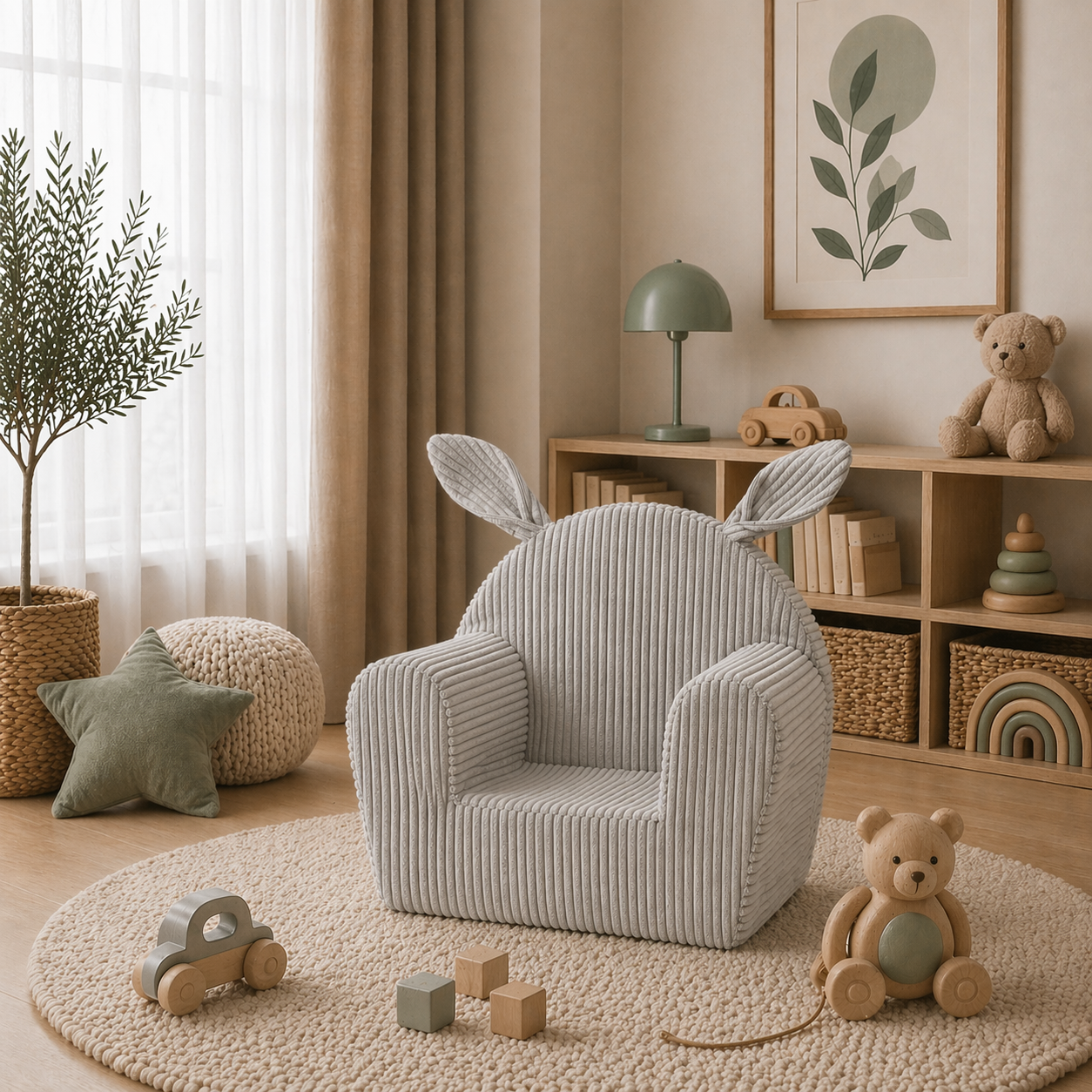 Delsit - Corduroy kids' armchair – a foam kids' chair, grey with ears - Image 2