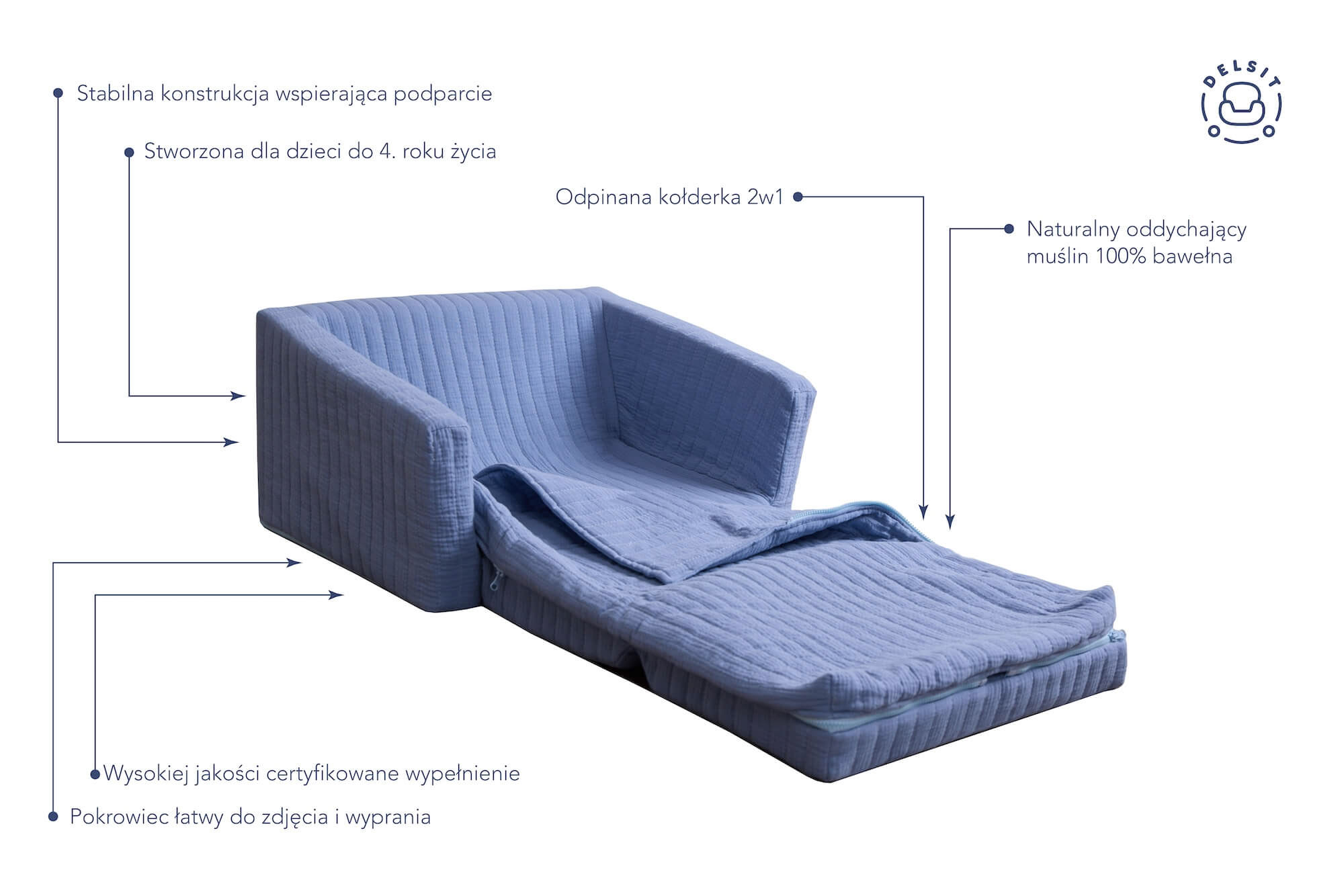 Snuggle fold-out kids' sofa with blanket (2-in-1) – ocean blue, Delsit - Image 3