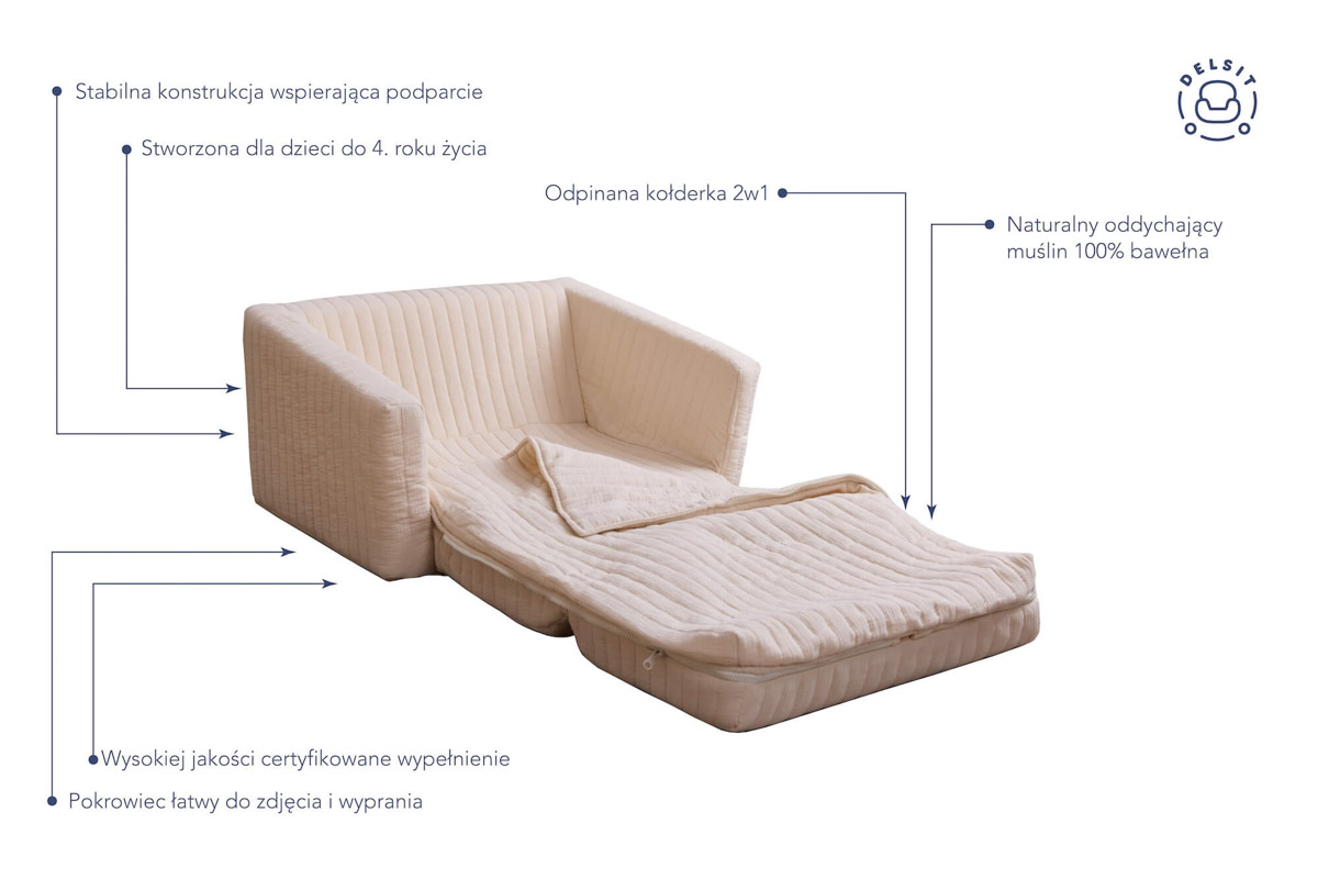 Snuggle fold-out kids' sofa with blanket (2-in-1) – sandy beige, Delsit - Image 3